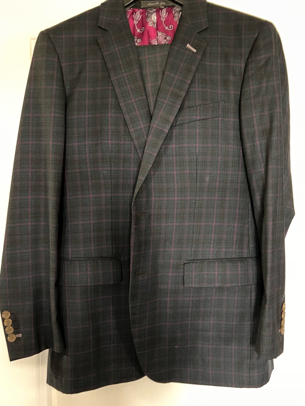 Men's Plaid Suit with matching Pants in Charcoal with Purple Windowpane